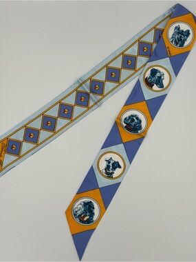 Hermès Colliers et Chiens Twilly Scarf Blue Gold Dog Print Silk Reversible